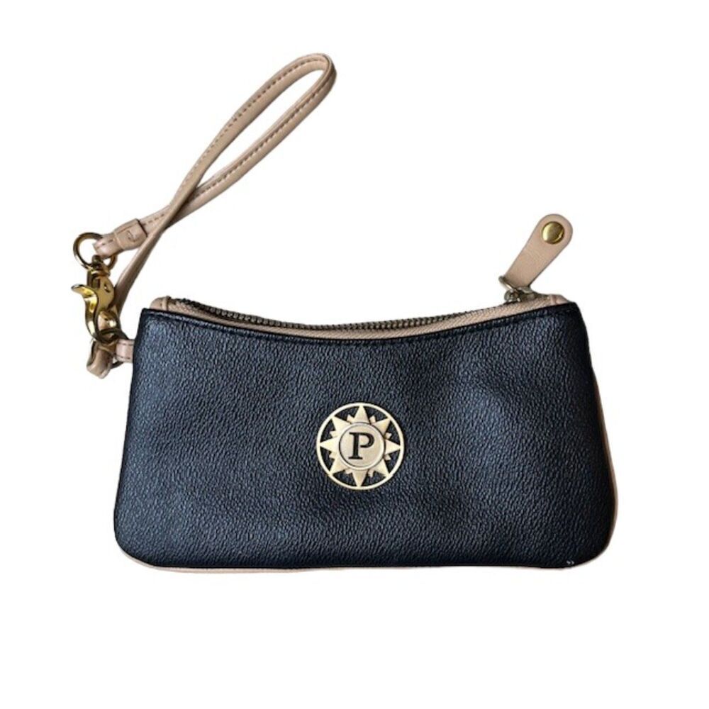 Parazul Wristlet Black With Tan. Gold Hardware Blue Interior